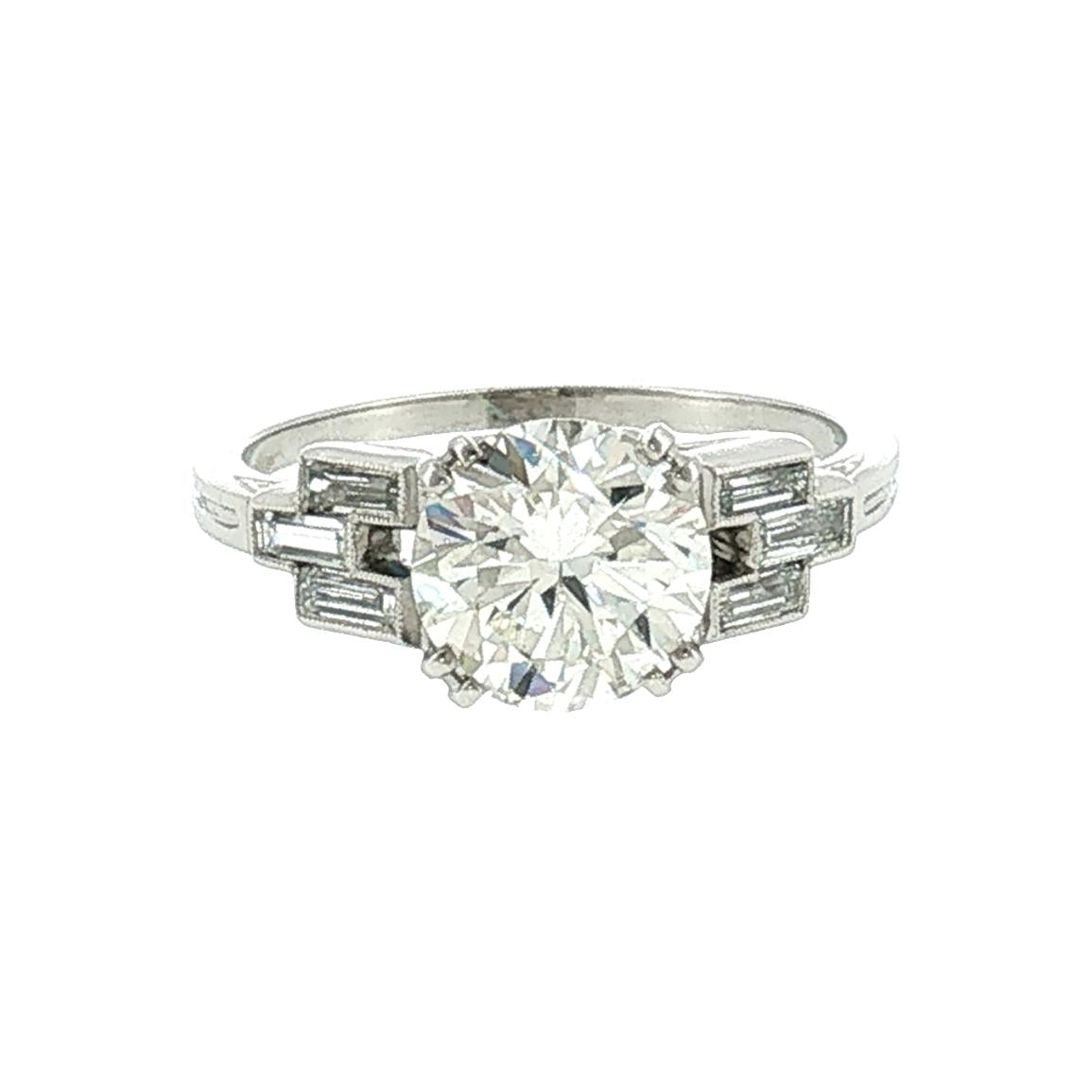Art Deco Platinum 2.03 Carat Natural Diamond with Straight Baguette Accents