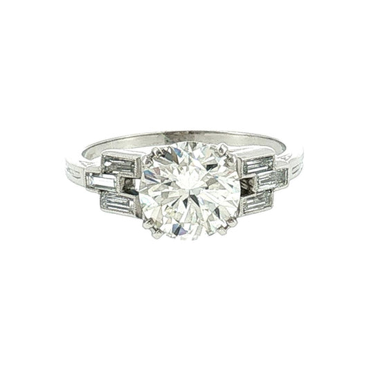 Art Deco Platinum 2.03 Carat Natural Diamond with Straight Baguette Accents