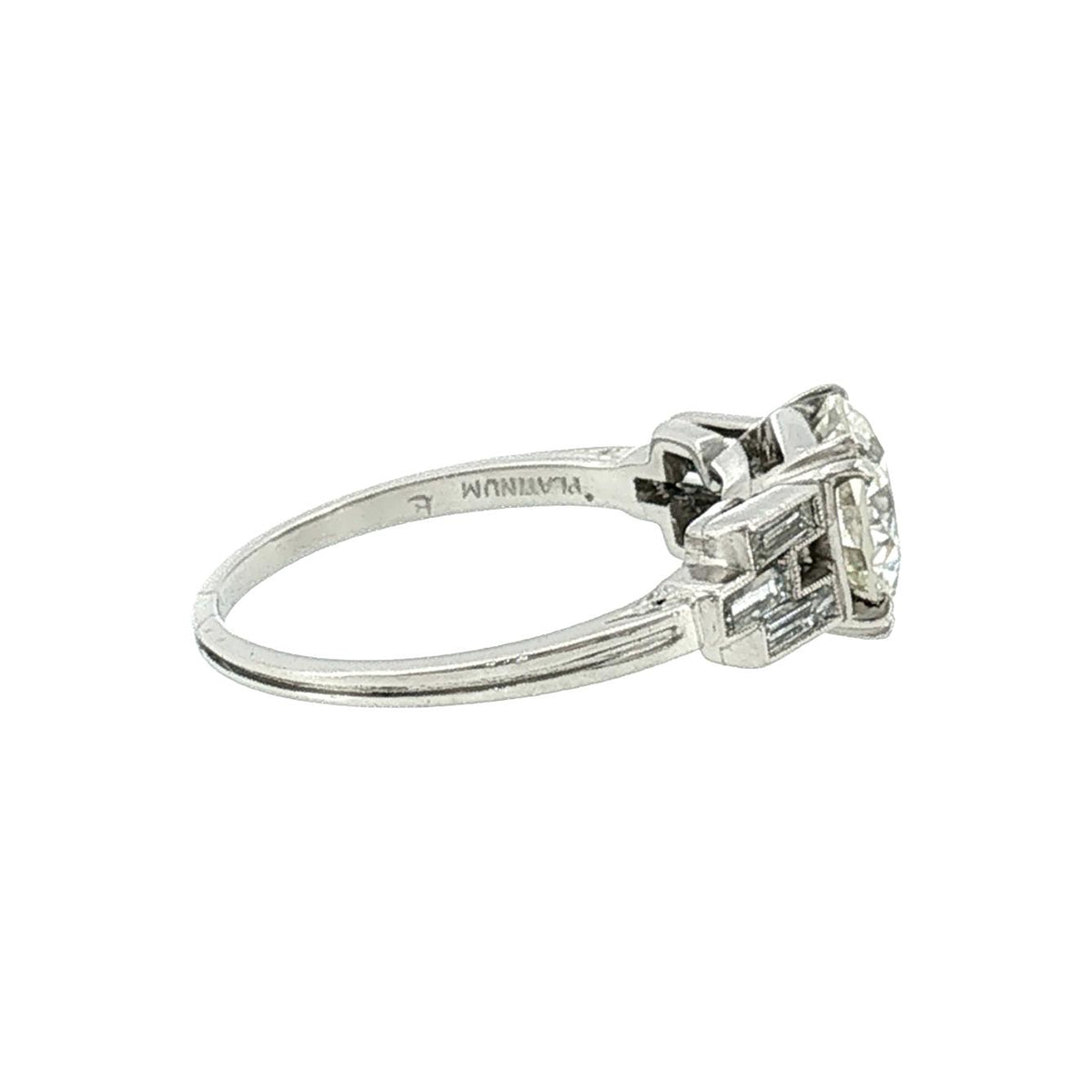 Art Deco Platinum 2.03 Carat Natural Diamond with Straight Baguette Accents