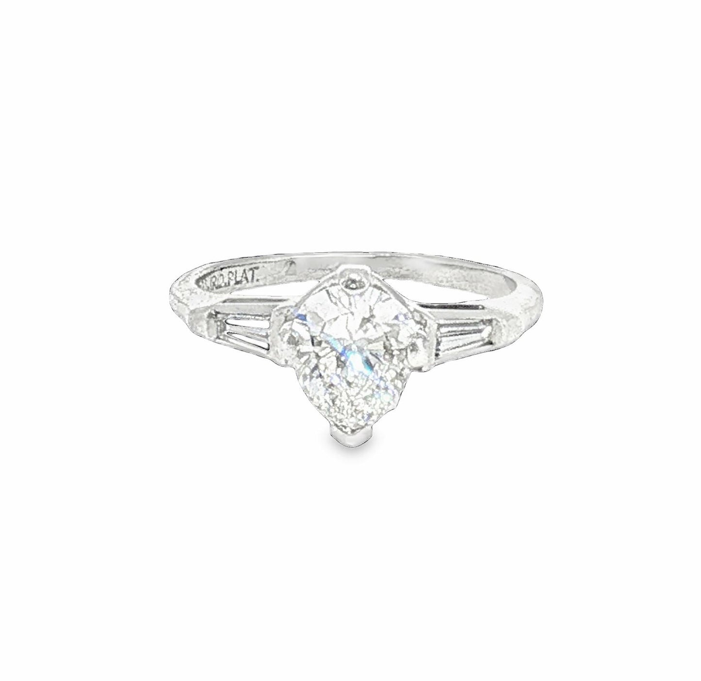 Mid Century Platinum Approximately 1 Carat Pearshape Classic Engagement Ring