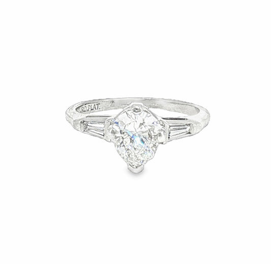 Mid Century Platinum Approximately 1 Carat Pearshape Classic Engagement Ring