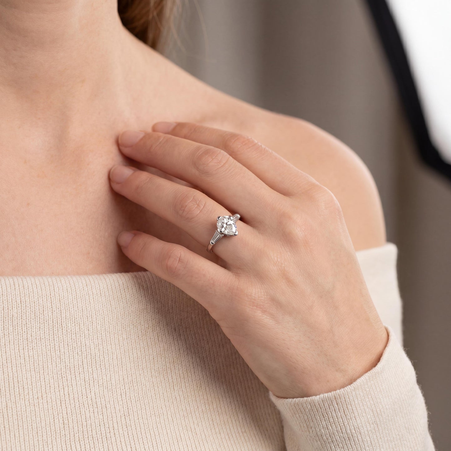 Mid Century Platinum Approximately 1 Carat Pearshape Classic Engagement Ring