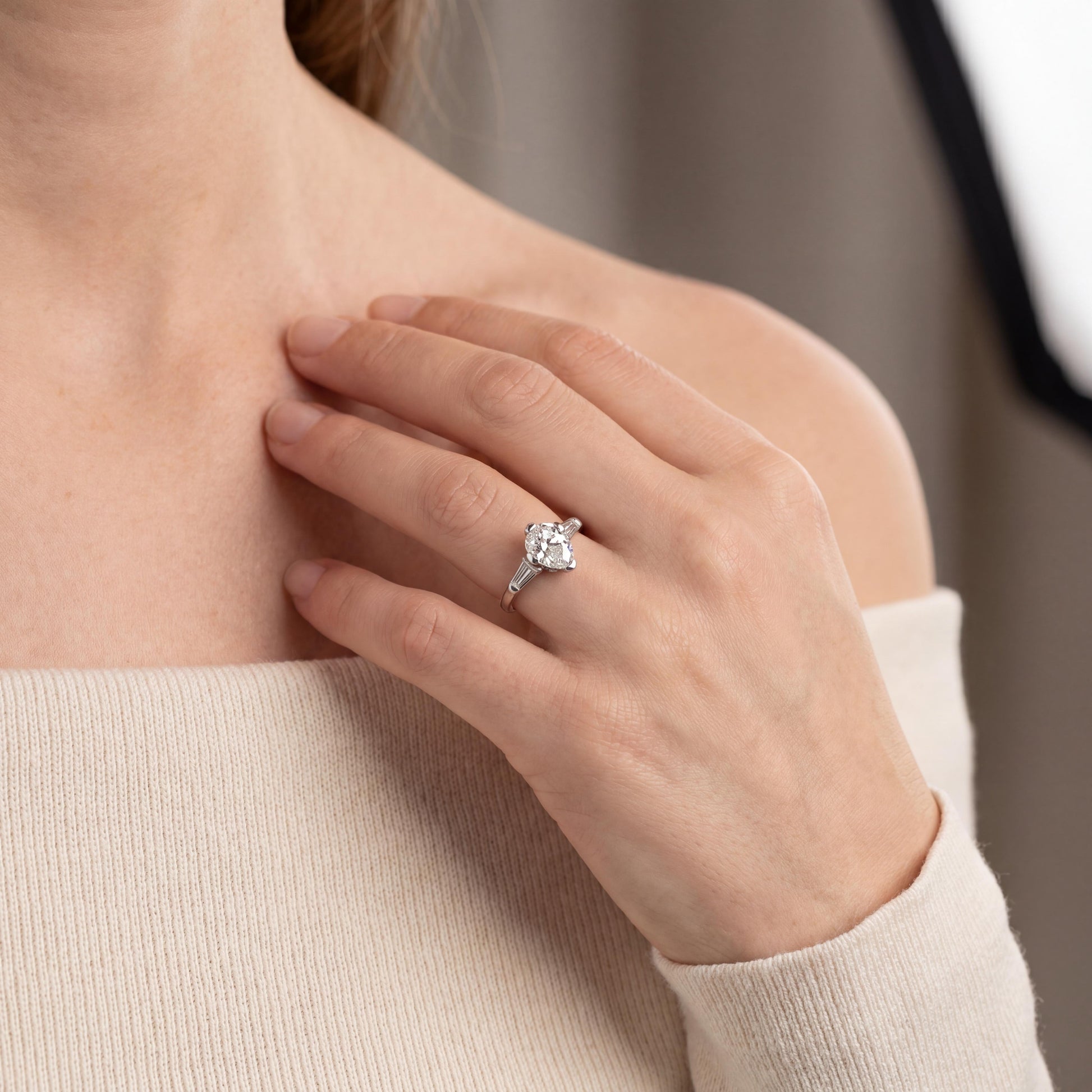 Mid Century Platinum Approximately 1 Carat Pearshape Classic Engagement Ring