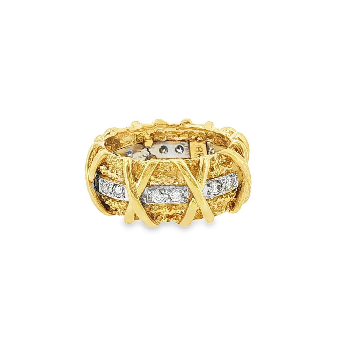 1970's 18 karat and Diamond X-design Wide Textured Band ring