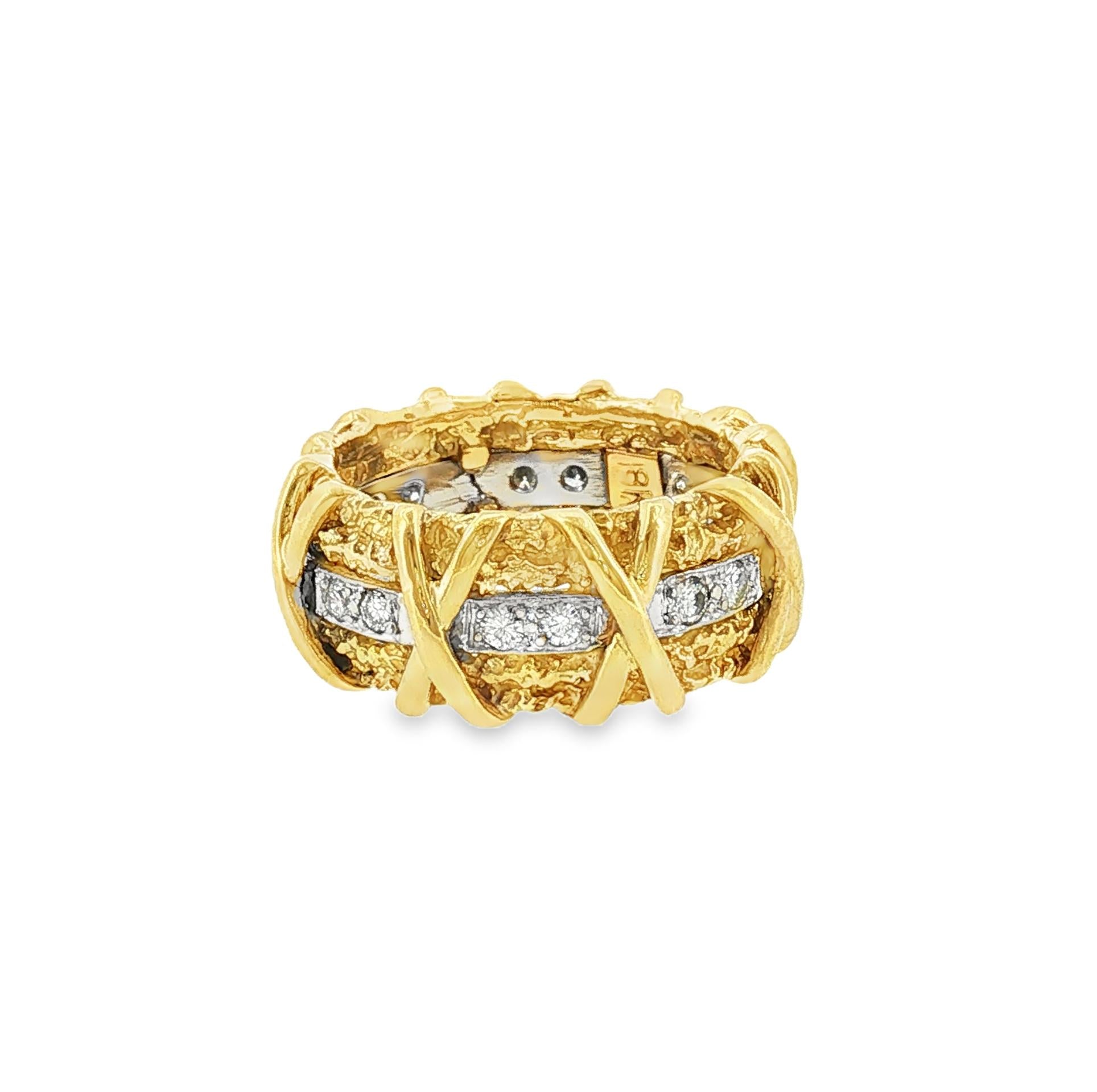 1970's 18 karat and Diamond X-design Wide Textured Band ring