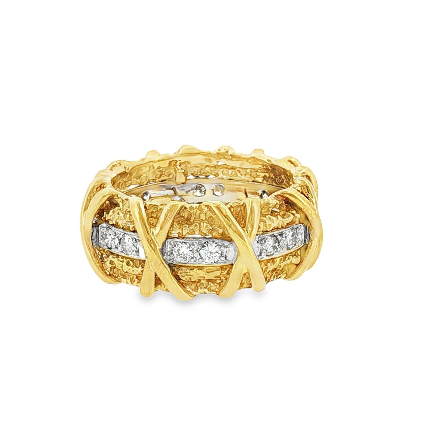 1970's 18 karat and Diamond X-design Wide Textured Band ring