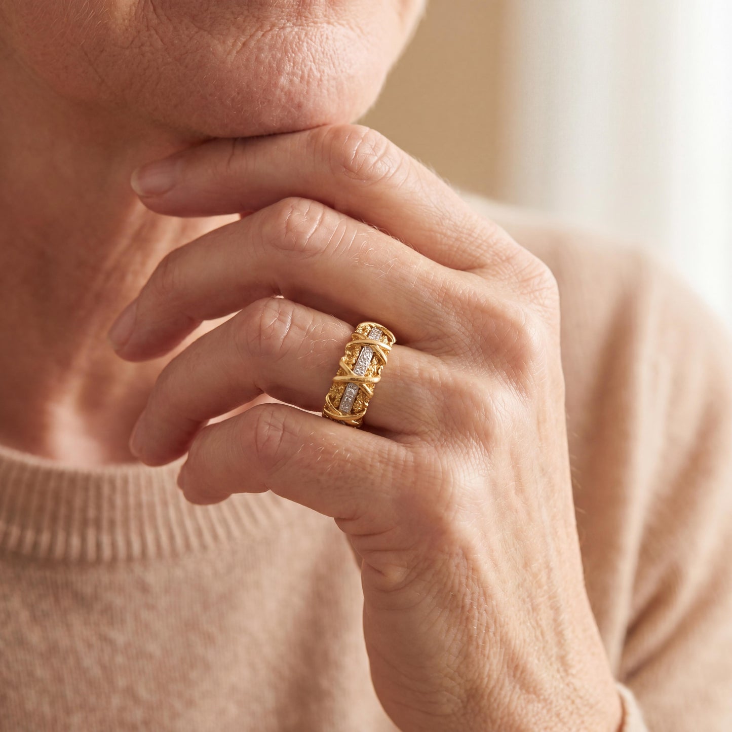 1970's 18 karat and Diamond X-design Wide Textured Band ring