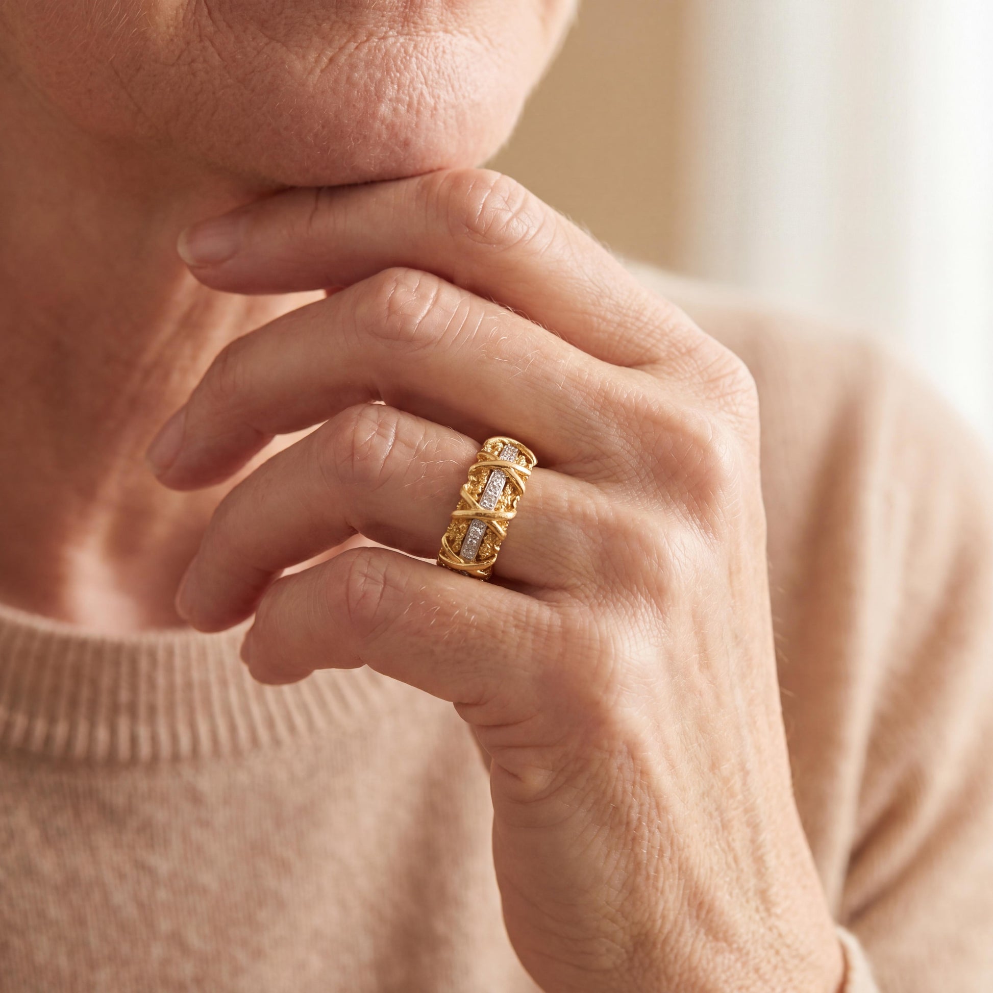 1970's 18 karat and Diamond X-design Wide Textured Band ring