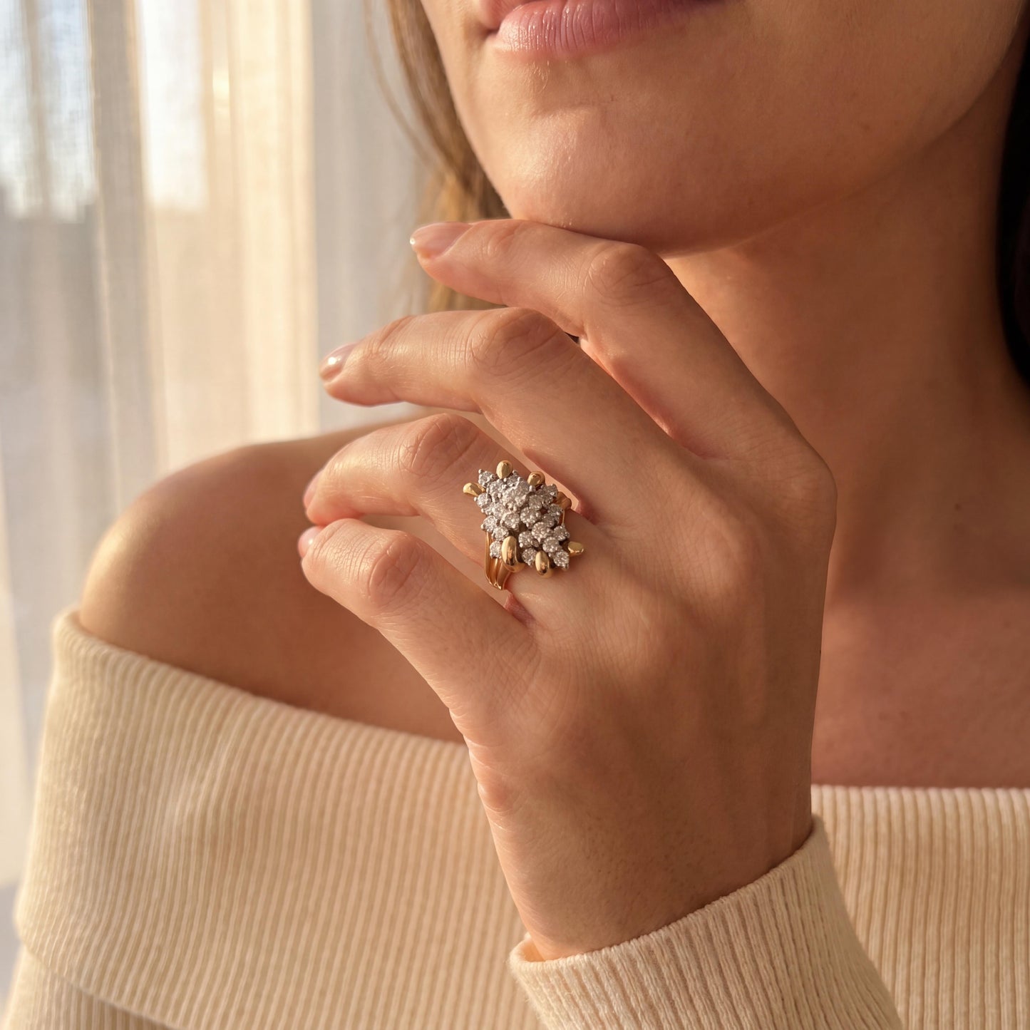 Late 20th Century 14k Two Tone Natural Diamond Waterfall Ring