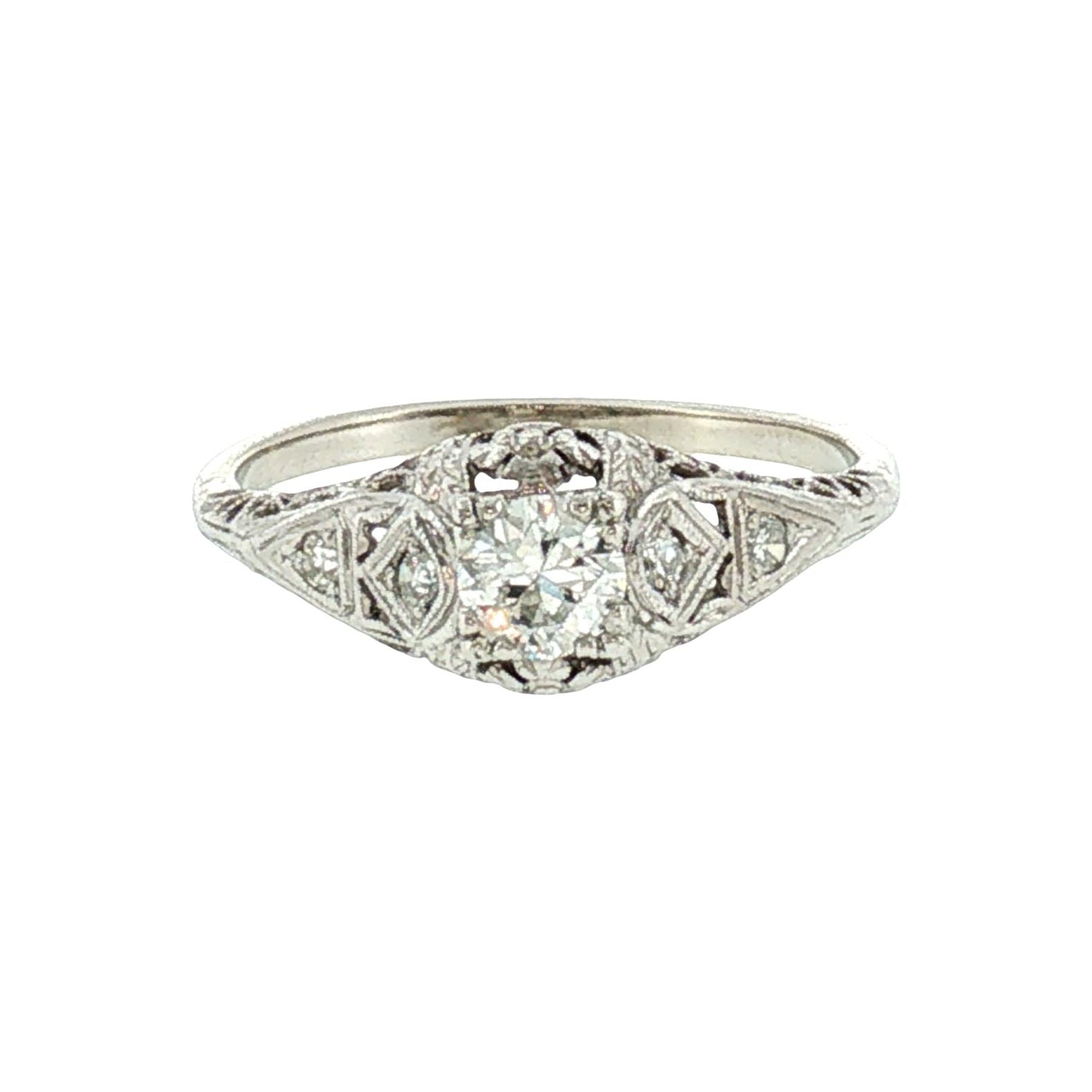 1930's Platinum and 14k .34 carat Old European Cut Diamond Filigree Ring