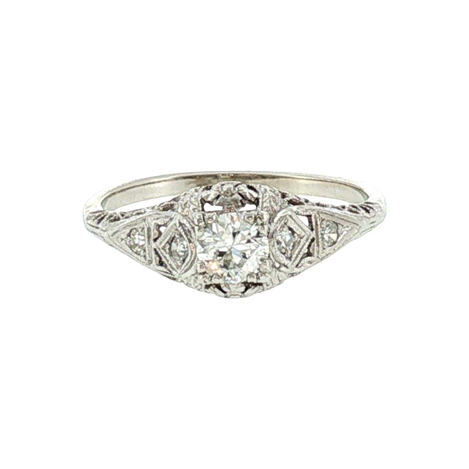 1930's Platinum and 14k .34 carat Old European Cut Diamond Filigree Ring