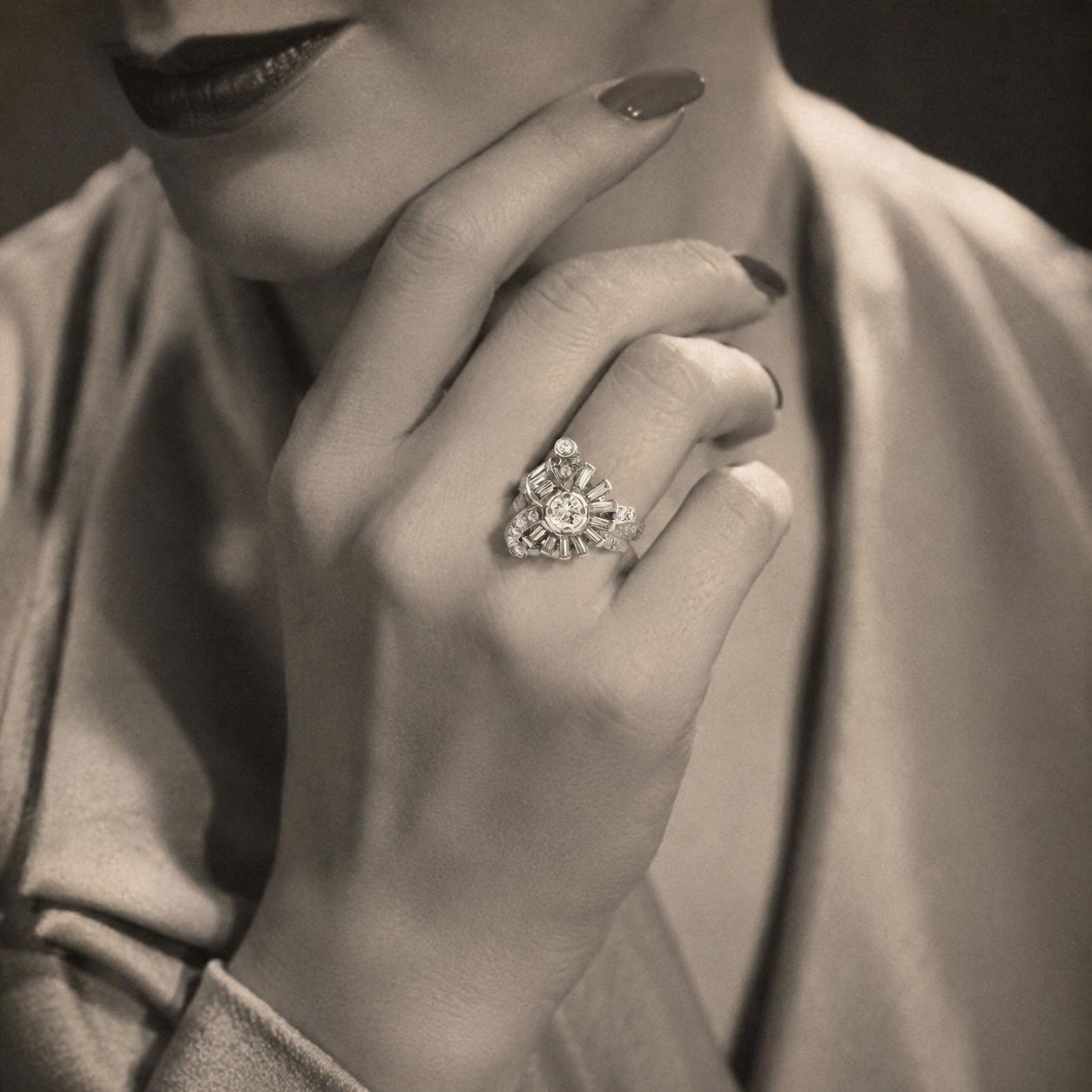 1940's Platinum Round and Baguette Diamond Dinner Ring