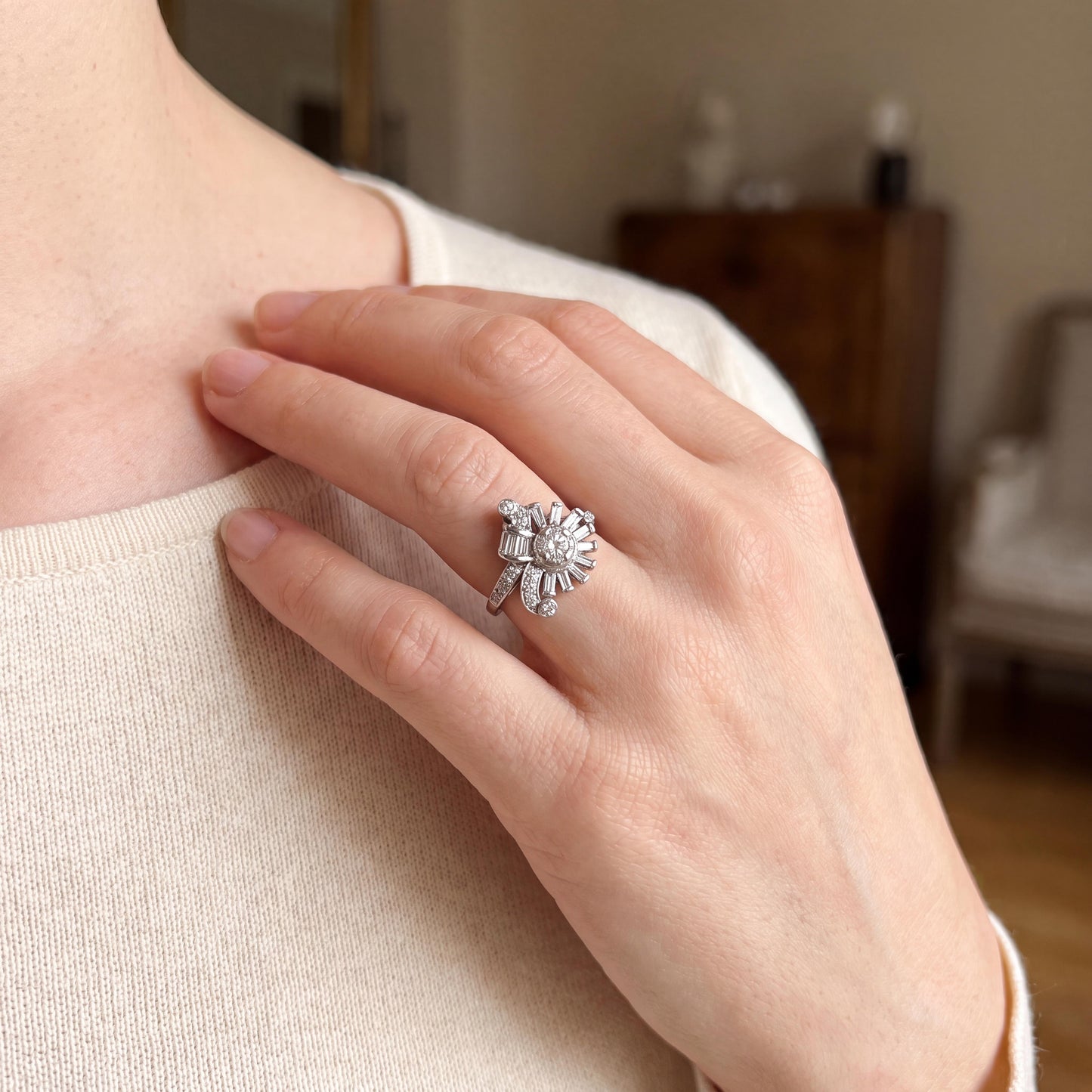 1940's Platinum Round and Baguette Diamond Dinner Ring