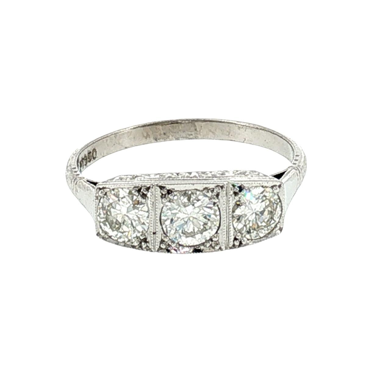 Art Deco Platinum 3 Old European Cut Diamond Ring