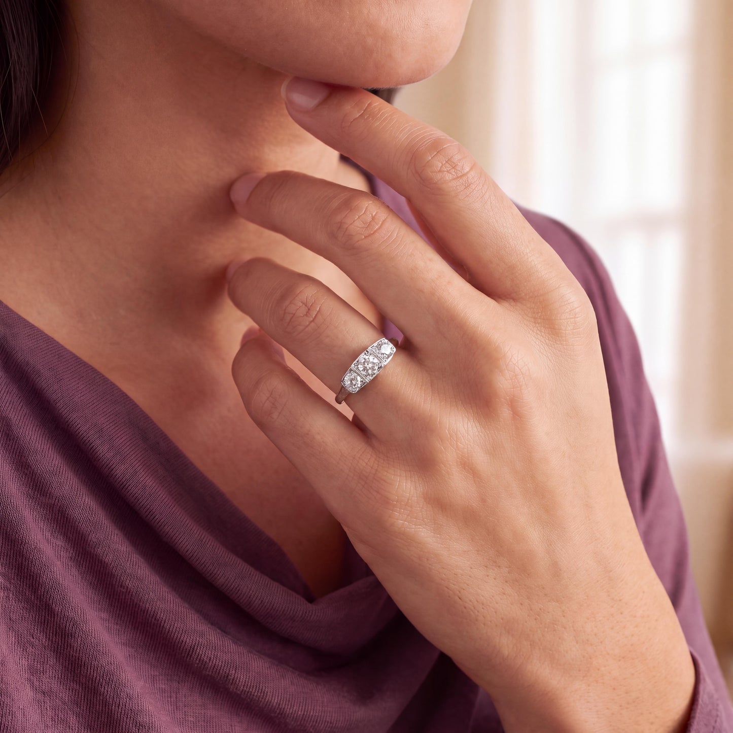 Art Deco Platinum 3 Old European Cut Diamond Ring
