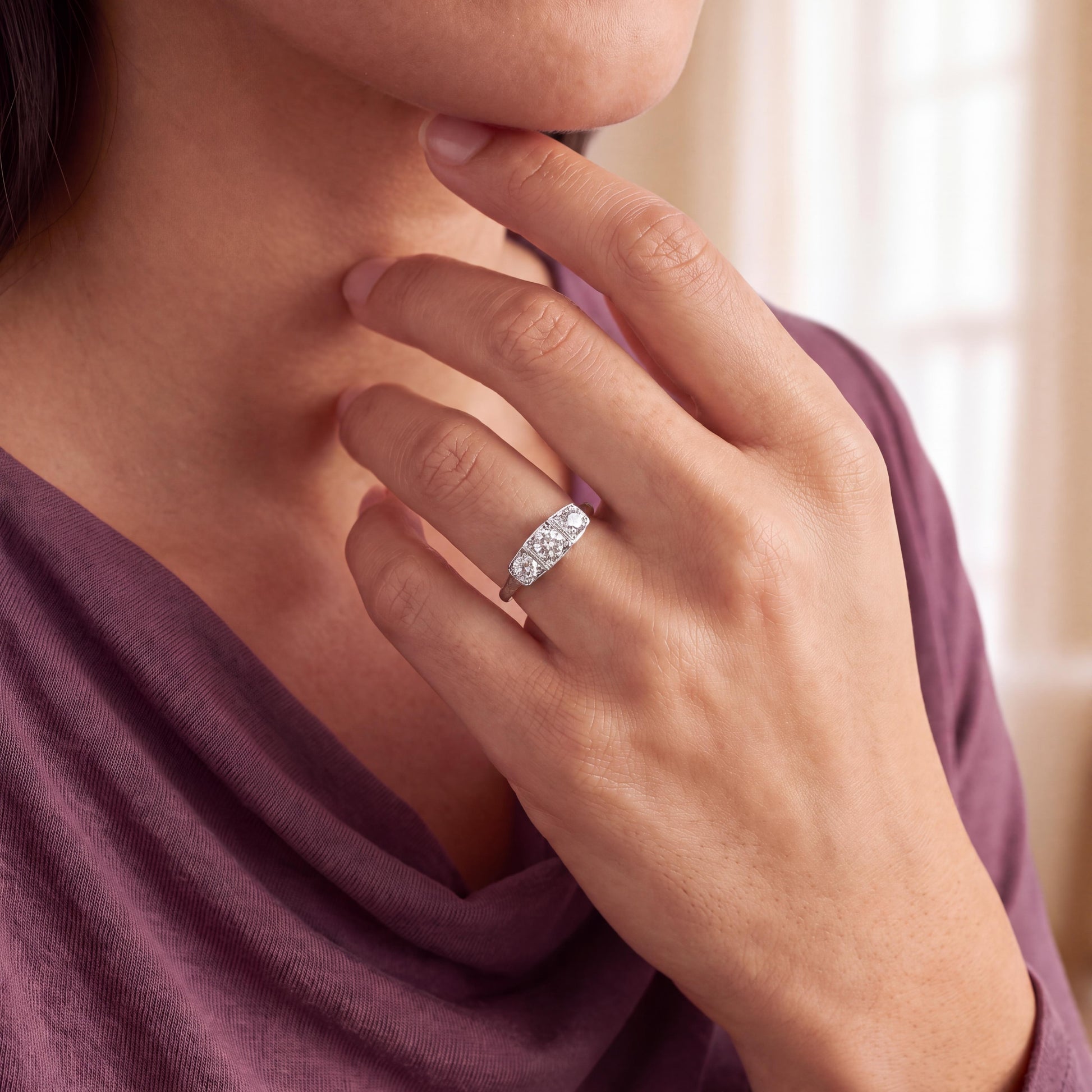 Art Deco Platinum 3 Old European Cut Diamond Ring