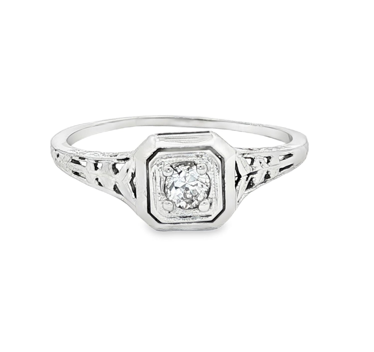 18k white gold .07 carat old mine cut engagement ring