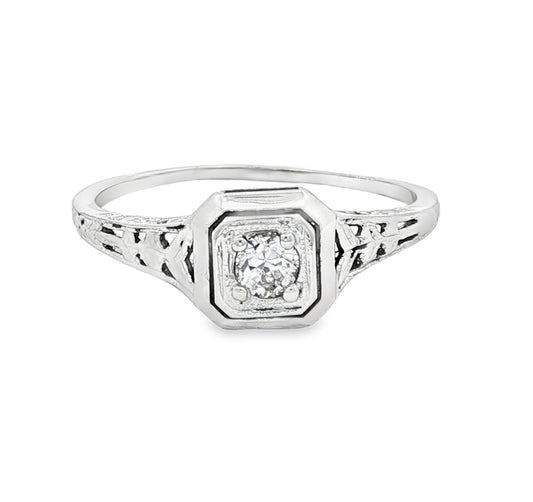 18k white gold .07 carat old mine cut engagement ring