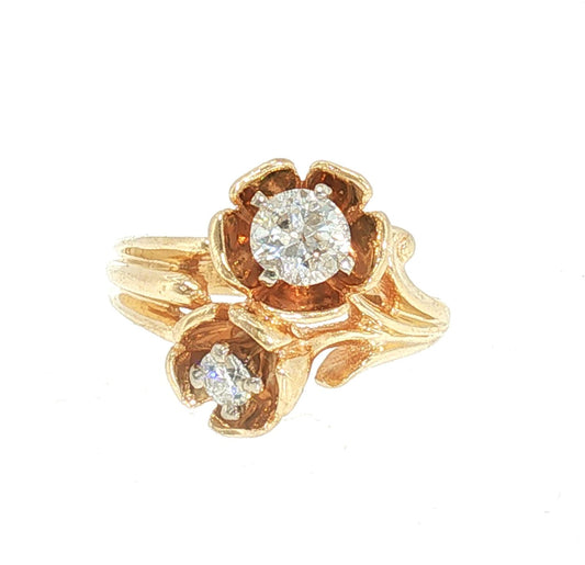Mid-century 14k Yellow Gold Two Natural Diamond Offset Floral Design Ring
