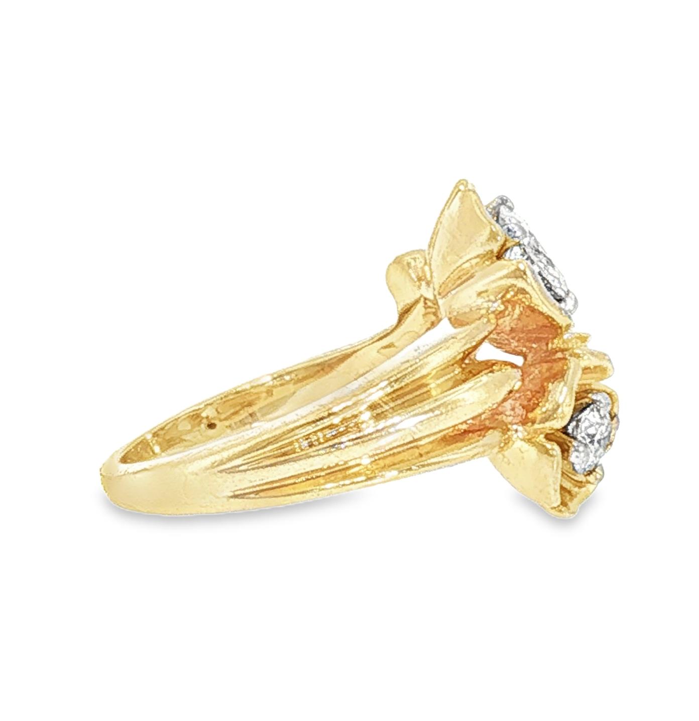 Mid-century 14k Yellow Gold Two Natural Diamond Offset Floral Design Ring