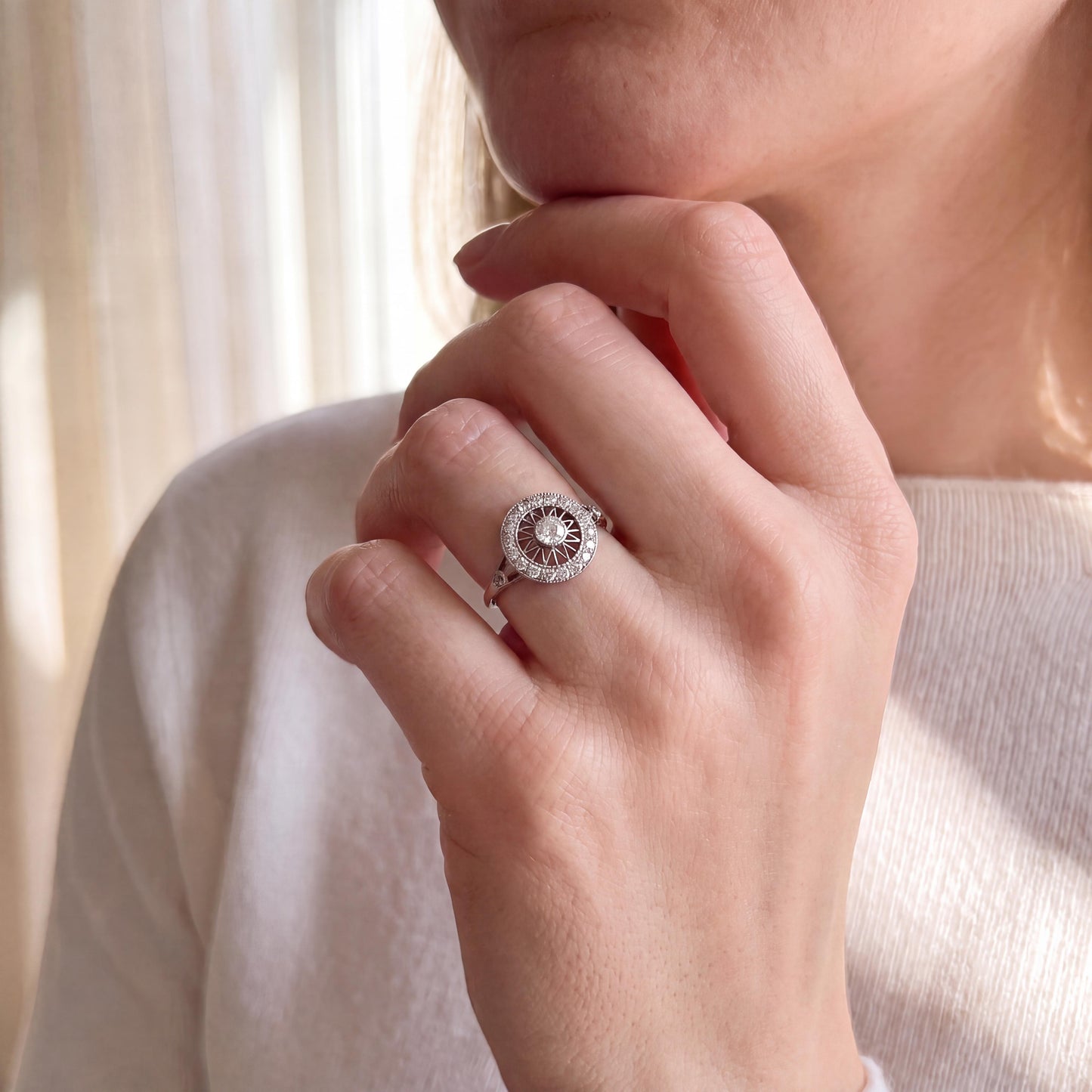 Edwardian Platinum Hand-fabricated 21 Old Mine Cut Diamond Disc Ring