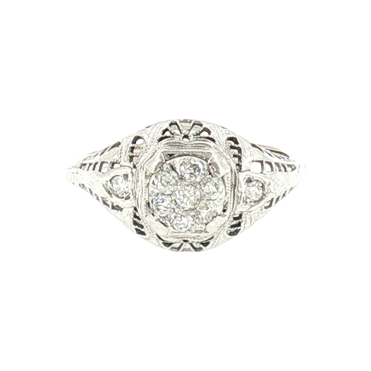 1930's 14k White Gold 9 Old Mine Cut Cluster Filigree Ring