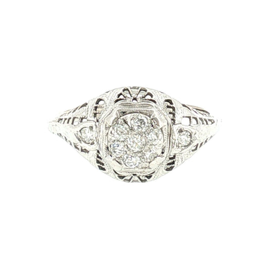 1930's 14k White Gold 9 Old Mine Cut Cluster Filigree Ring