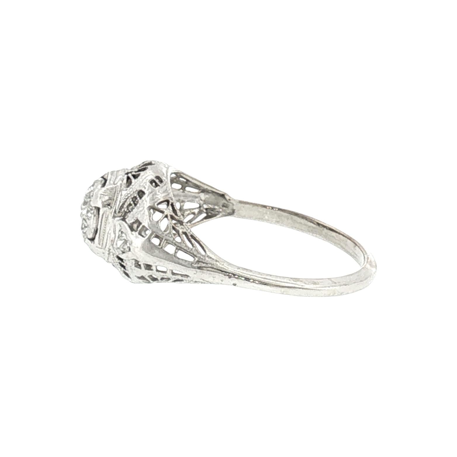 1930's 14k White Gold 9 Old Mine Cut Cluster Filigree Ring