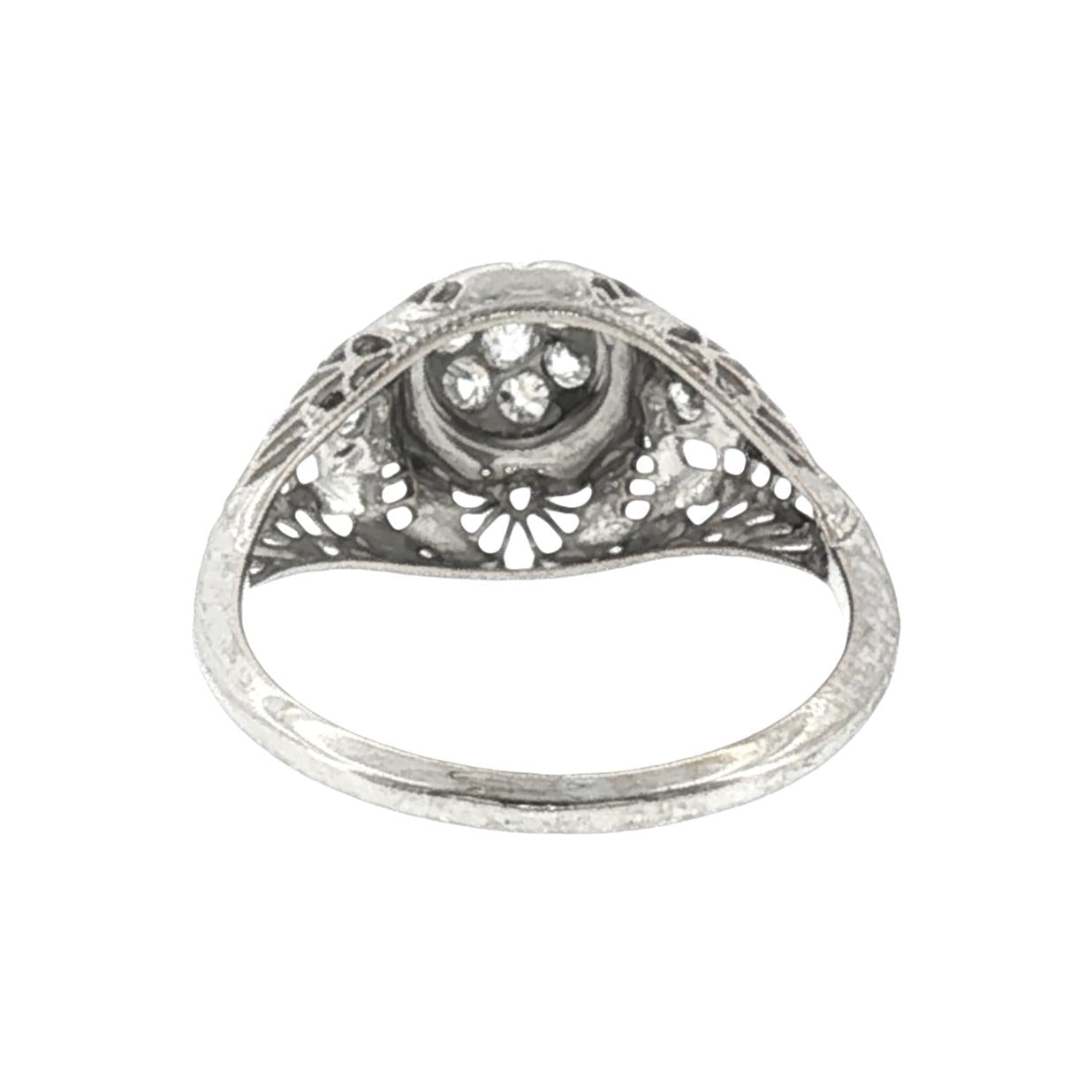 1930's 14k White Gold 9 Old Mine Cut Cluster Filigree Ring