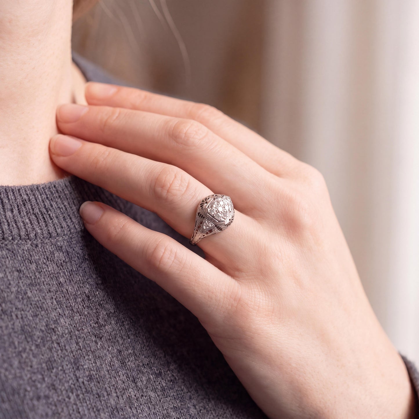 1930's 14k White Gold 9 Old Mine Cut Cluster Filigree Ring