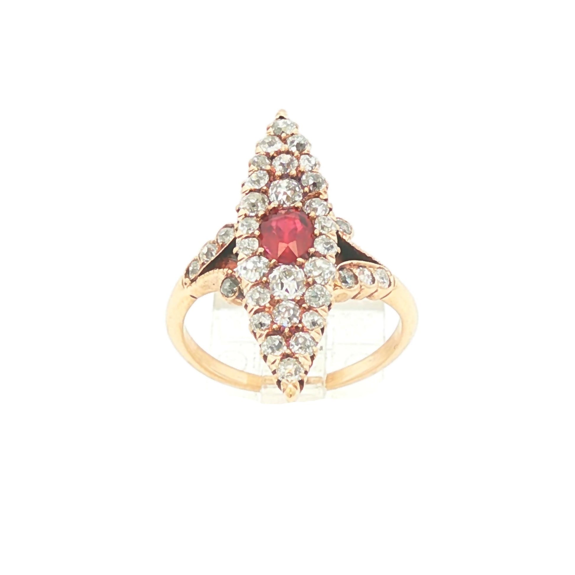 14k yellow gold Victorian natural ruby and diamond navette ring