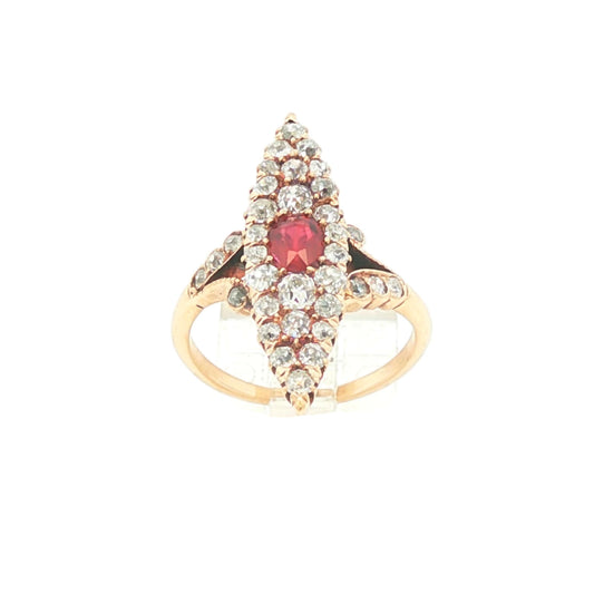 14k yellow gold Victorian natural ruby and diamond navette ring