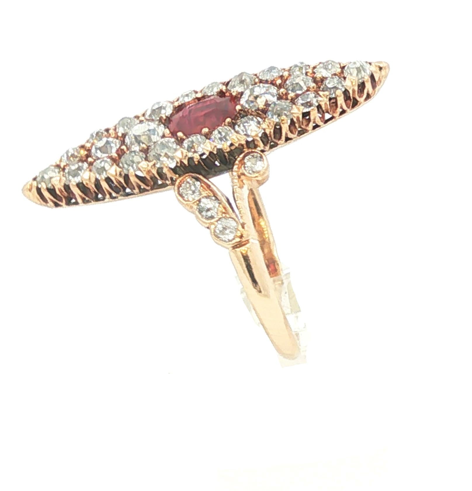14k yellow gold Victorian natural ruby and diamond navette ring
