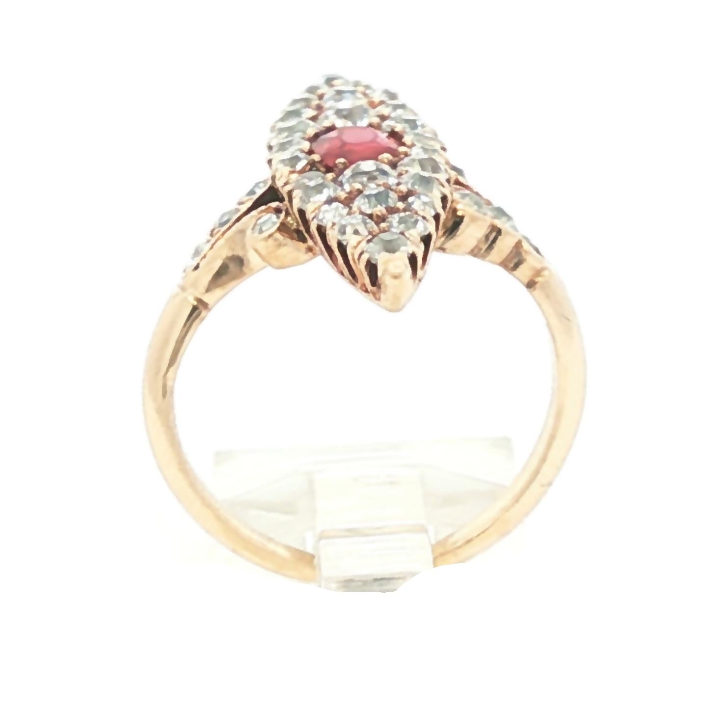 14k yellow gold Victorian natural ruby and diamond navette ring