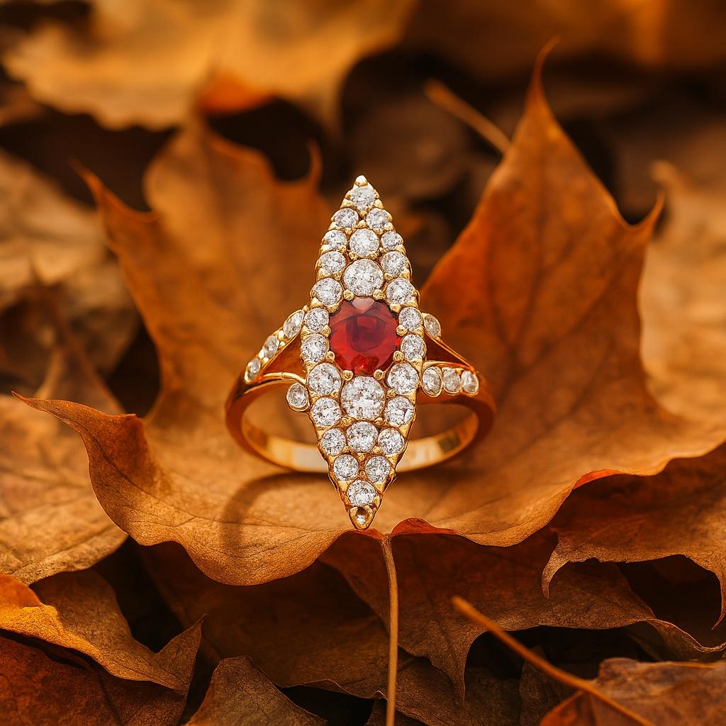 14k yellow gold Victorian natural ruby and diamond navette ring