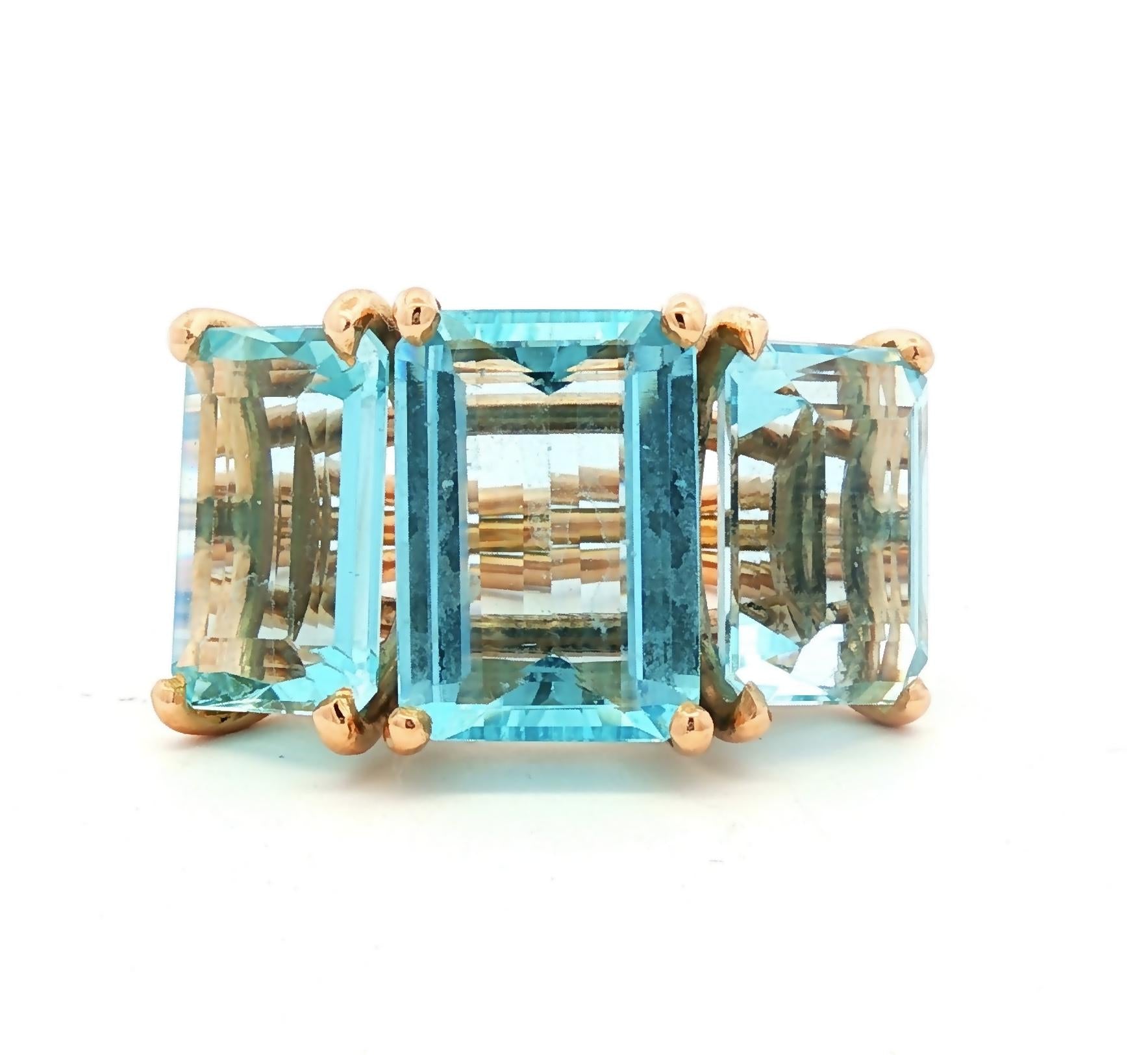 1940's Retro 18k Rose Gold 3 Emerald Cut Aquamarine Dinner Ring