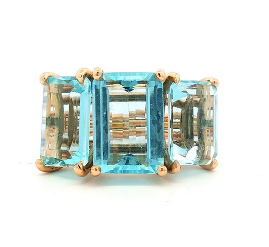 1940's Retro 18k Rose Gold 3 Emerald Cut Aquamarine Dinner Ring