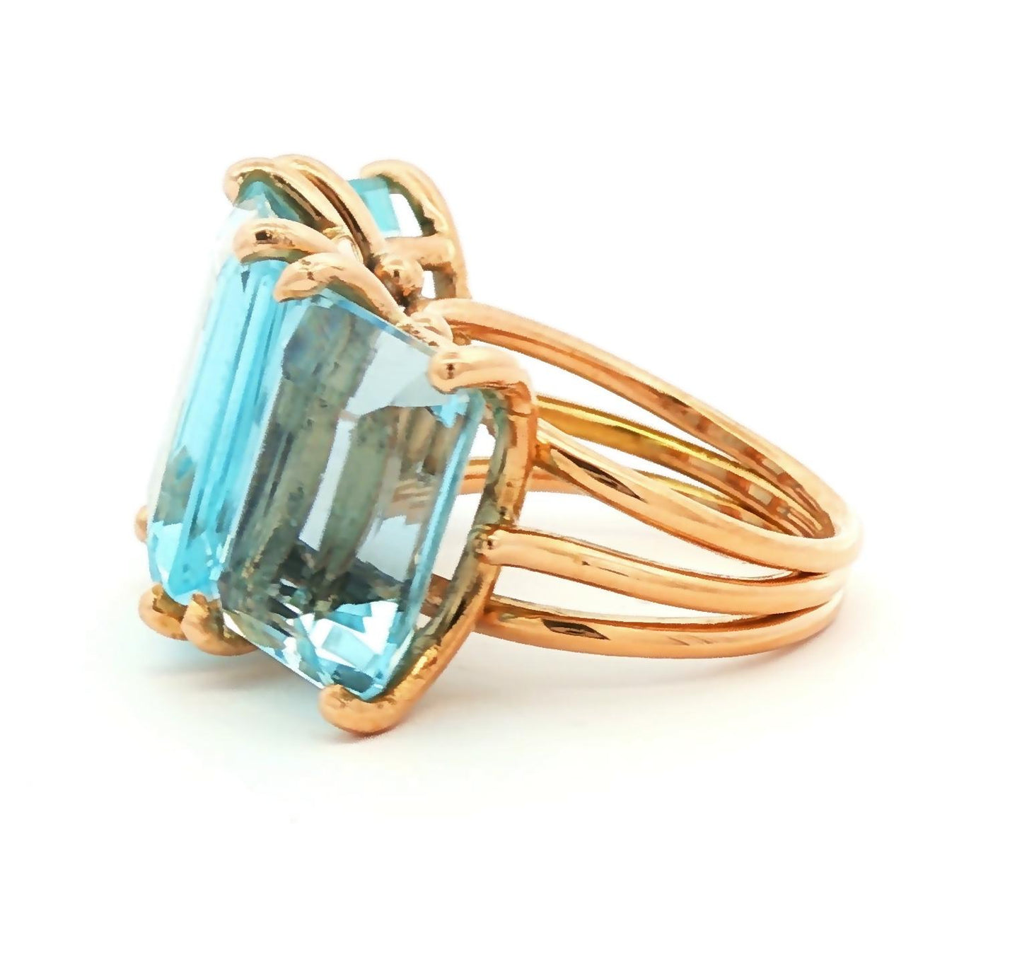 1940's Retro 18k Rose Gold 3 Emerald Cut Aquamarine Dinner Ring
