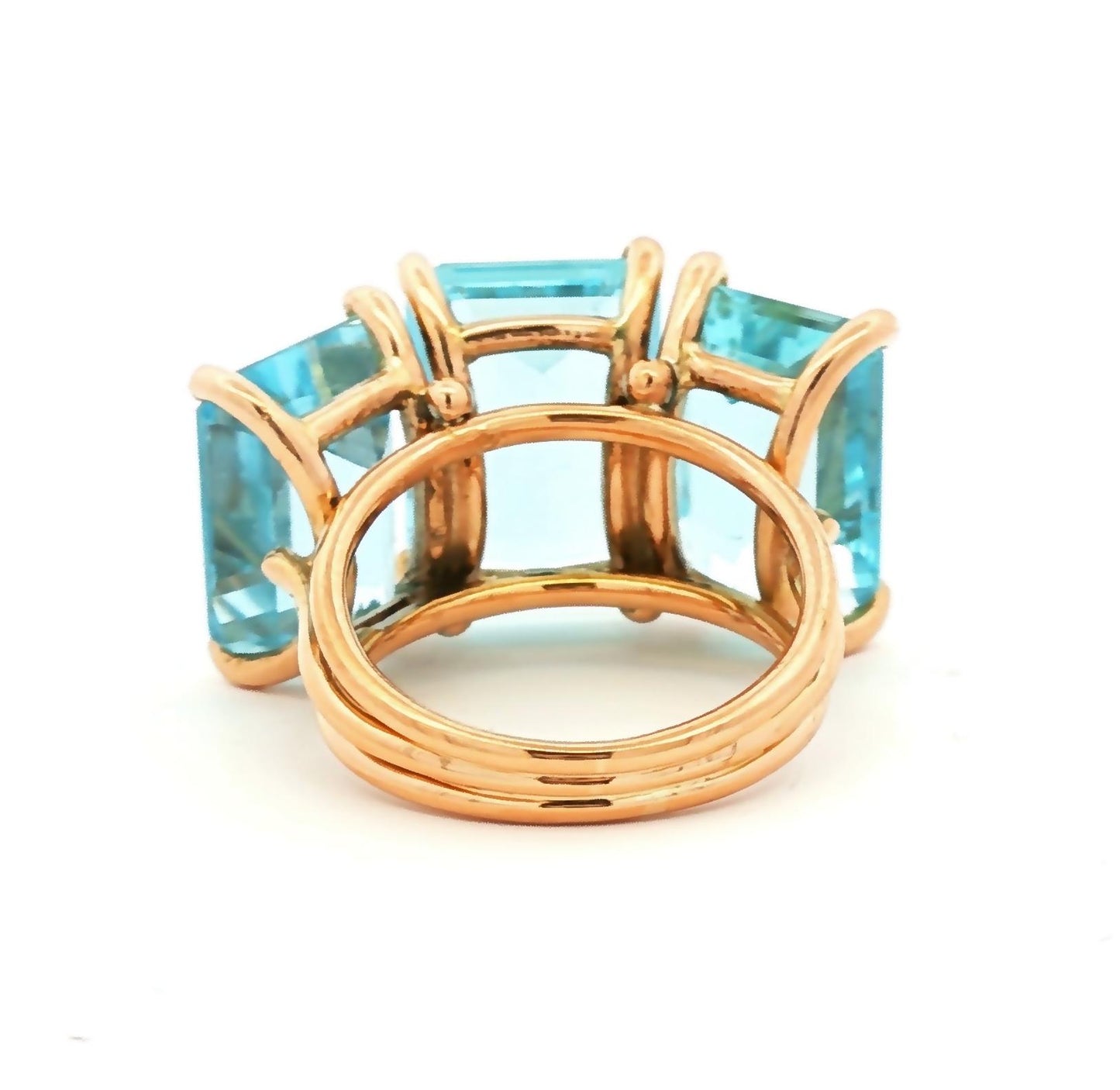 1940's Retro 18k Rose Gold 3 Emerald Cut Aquamarine Dinner Ring