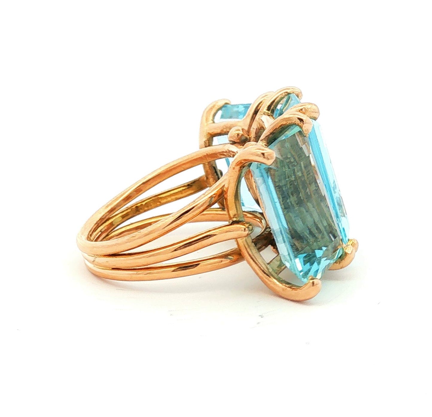 1940's Retro 18k Rose Gold 3 Emerald Cut Aquamarine Dinner Ring