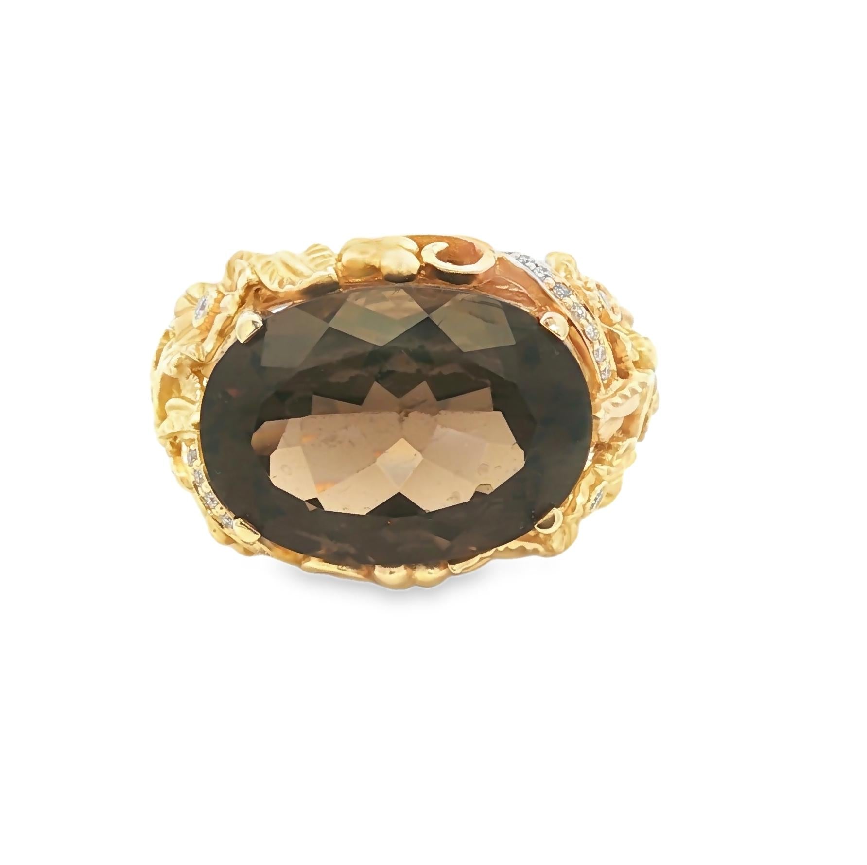 Vintage Floral Design Smoky Quartz and Diamond 14k yellow gold Ring