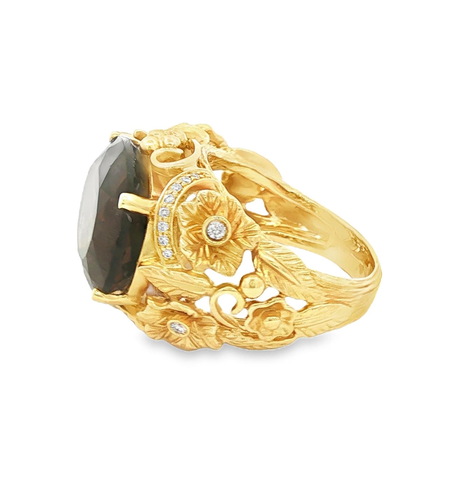 Vintage Floral Design Smoky Quartz and Diamond 14k yellow gold Ring