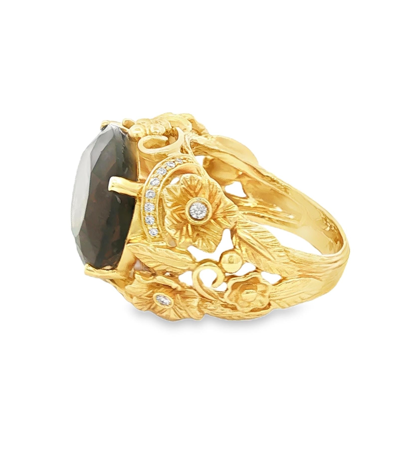 Vintage Floral Design Smoky Quartz and Diamond 14k yellow gold Ring