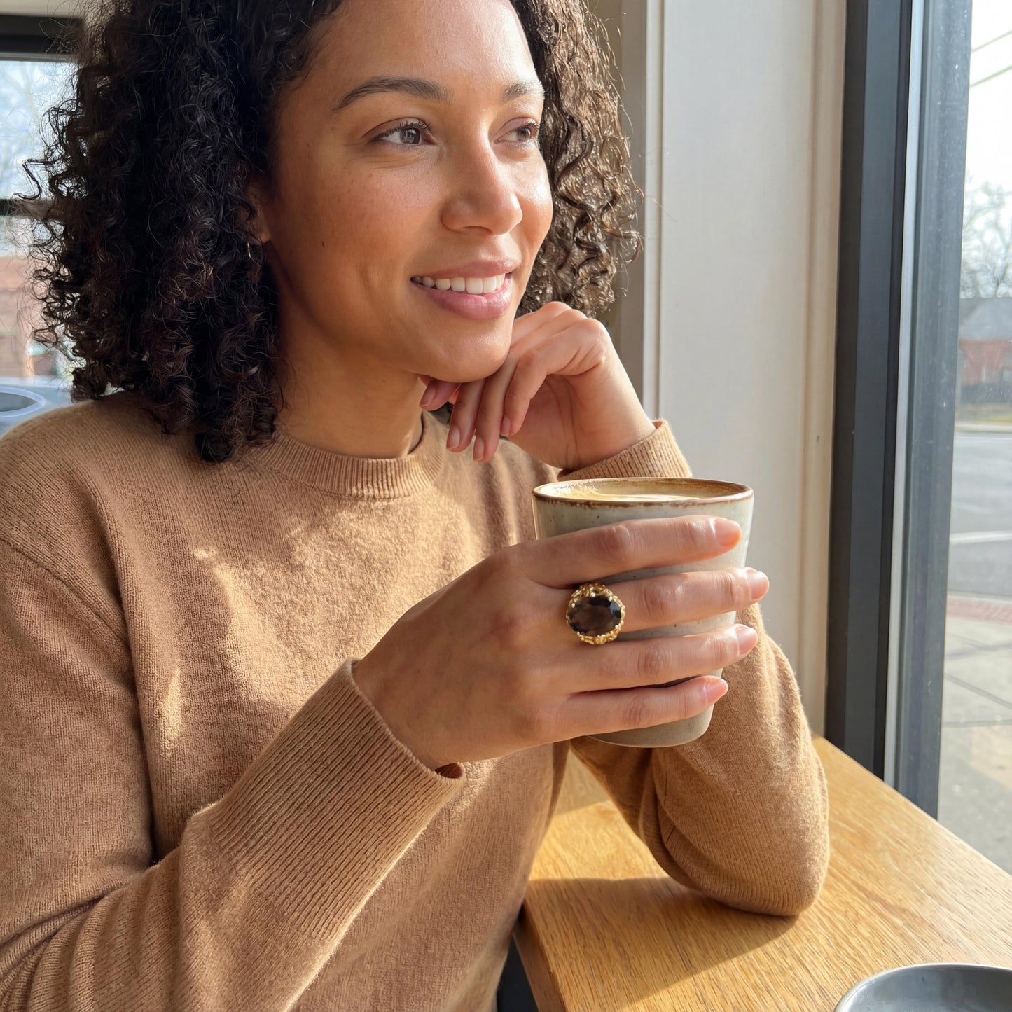 Vintage Floral Design Smoky Quartz and Diamond 14k yellow gold Ring