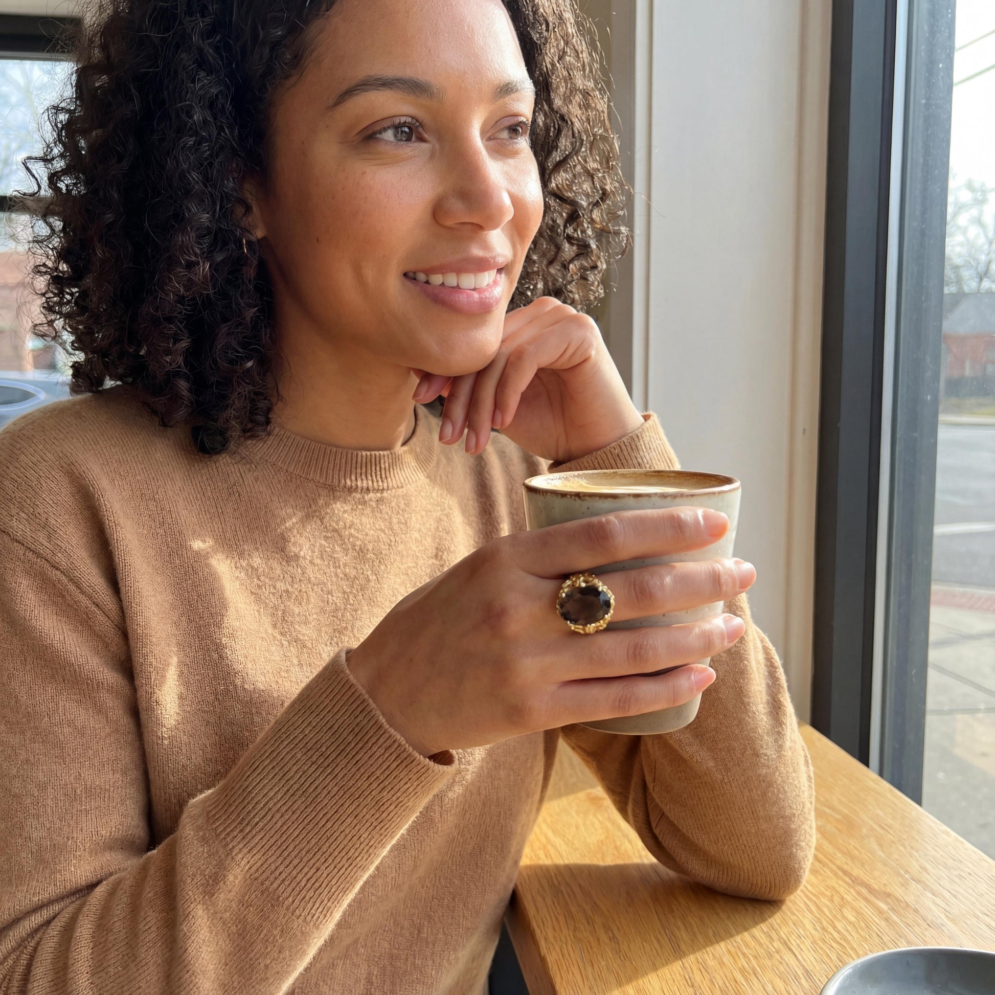 Vintage Floral Design Smoky Quartz and Diamond 14k yellow gold Ring