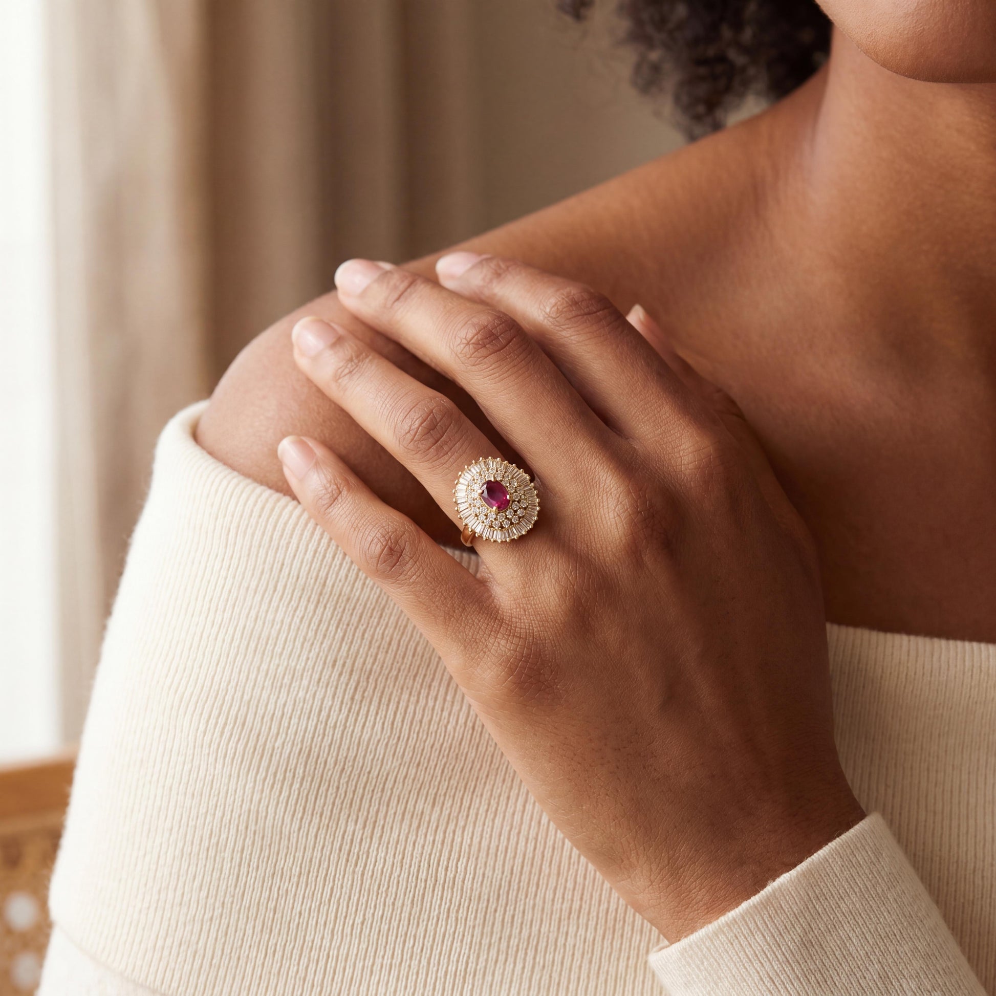 Late 20th-Century 14k Yellow Gold Oval Ruby and Diamond Ballerina Ring