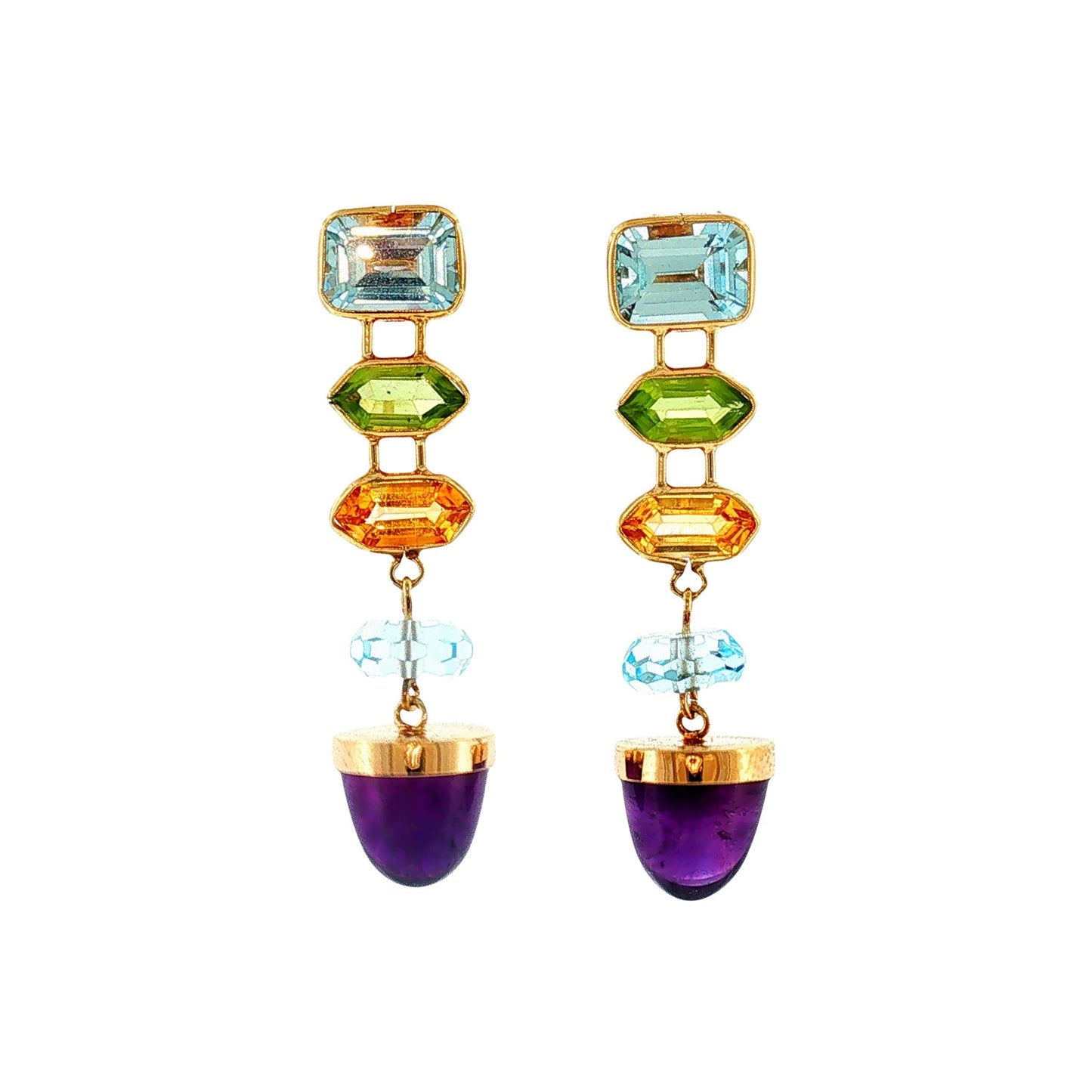 Late 20th Century 14k Yellow Gold Topaz, Peridot and Amethyst Drop Earrings