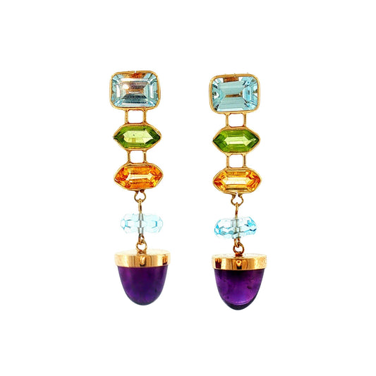 Late 20th Century 14k Yellow Gold Topaz, Peridot and Amethyst Drop Earrings