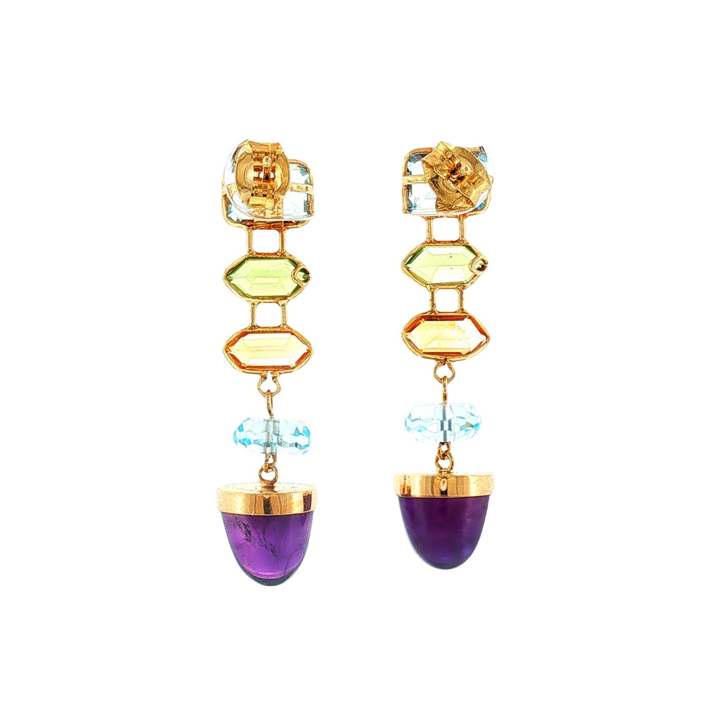 Late 20th Century 14k Yellow Gold Topaz, Peridot and Amethyst Drop Earrings
