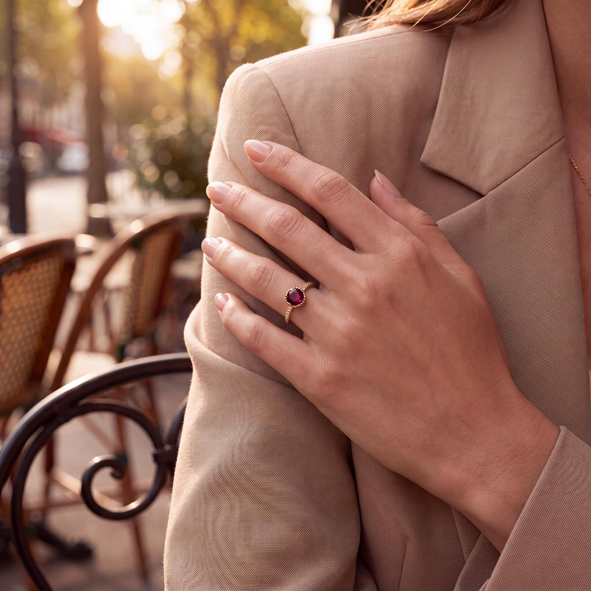 Modern Vintage Style Repurposed 1.23ct Round Ruby Engagement Ring
